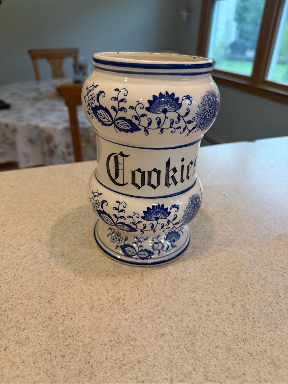 Blue & White Ceramic Cookie Jar - 'Cookies' Script blue onion pattern vintage